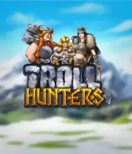 Изображение слота "Troll Hunters" от Play'N Go, на котором представлены три викинга: две женщины и один мужчина, облаченные в традиционные броню викингов. На фоне виднеются горные вершины, что добавляет атмосферу скандинавской мифологии. Этот слот идеален для любителей викингских саг и эпических приключений.